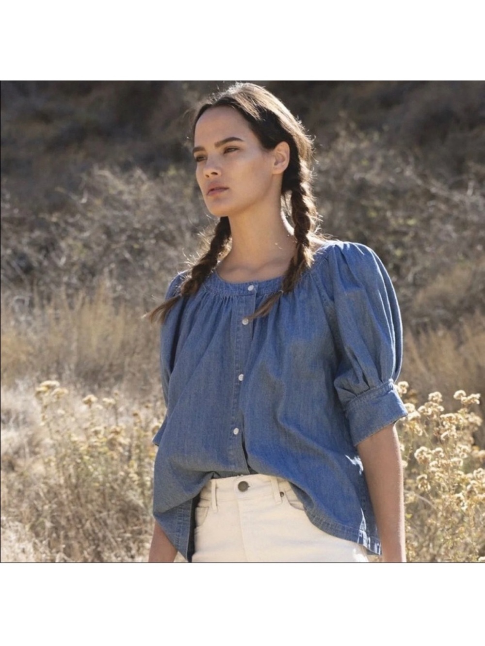 The Great. Puff Sleeve Button Up Blue Denim 100% Cotton Oversized Top 0 XS